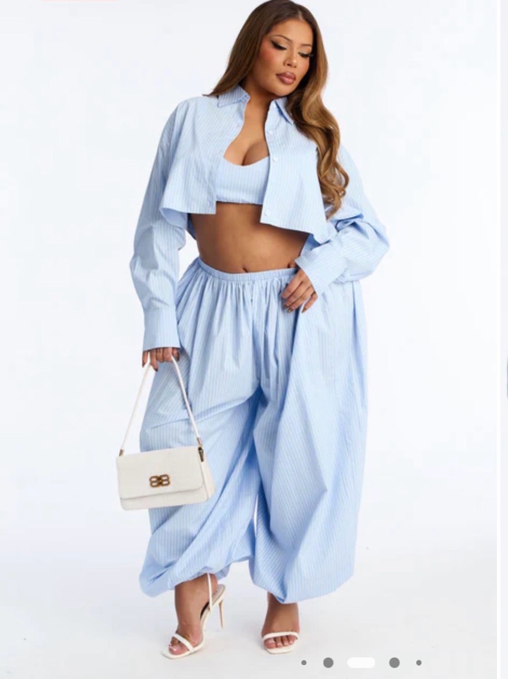 Light Blue Balloon Striped Wide-Leg Pants - Women